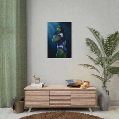 She-Hulk Marvel Poster – Iconic Superheroine Wall Art for Gamer Decor on minimalist gaming room wall, vivid ultra-high resolution print
