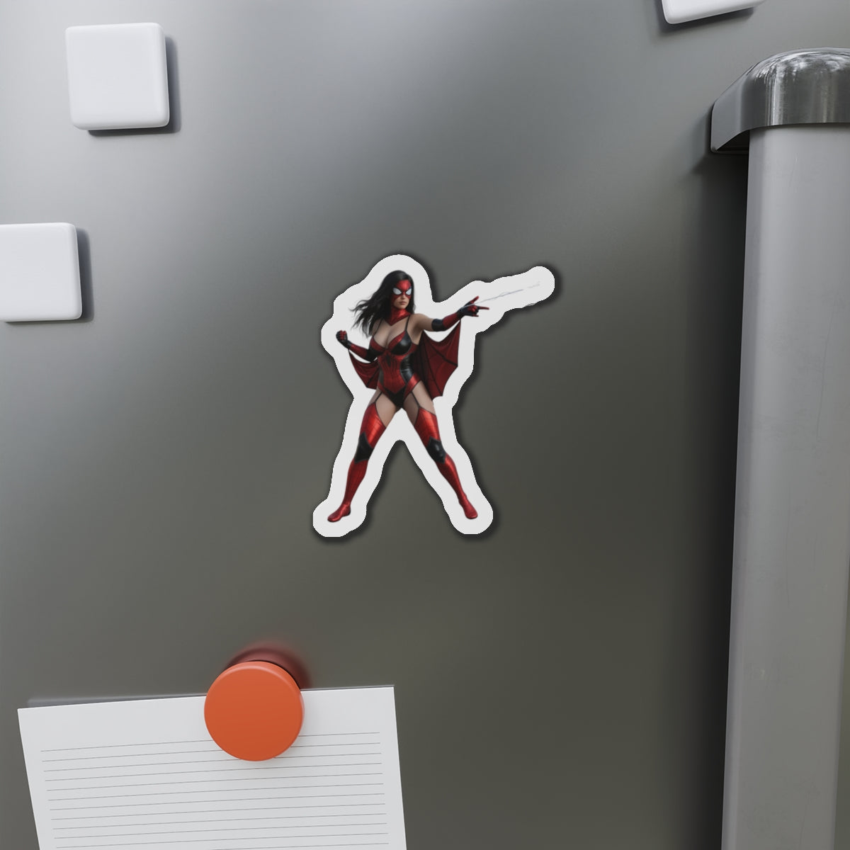 Spider-Woman Magnet – Marvel Heroine Fridge Magnet, Anime Style Decor - die-cut vinyl fridge magnet showing anime-style Spider-Woman on stainless fridge