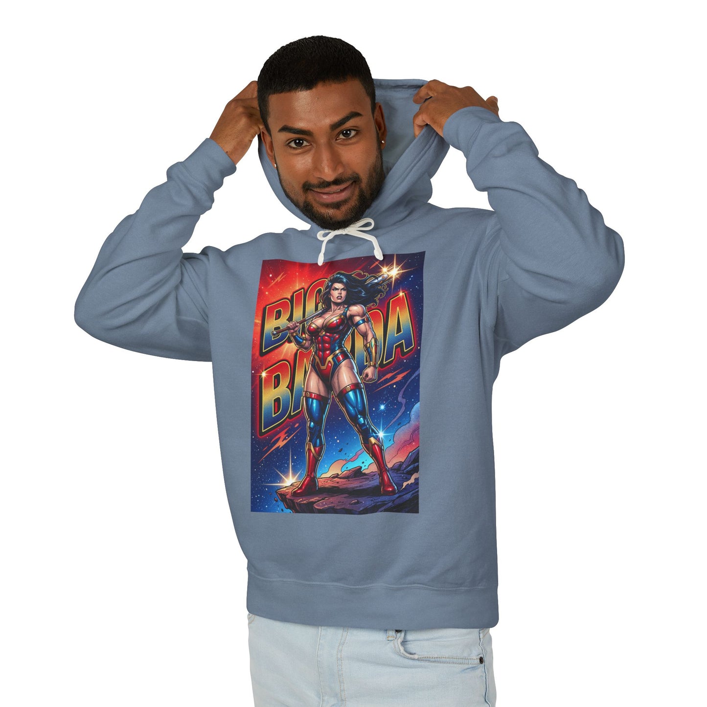Big Barda Hoodie | DC Warrior Hoodie | New Genesis Champion Pullover - man wearing blue pullover with bold Big Barda graphic, streetwear gamer hoodie
