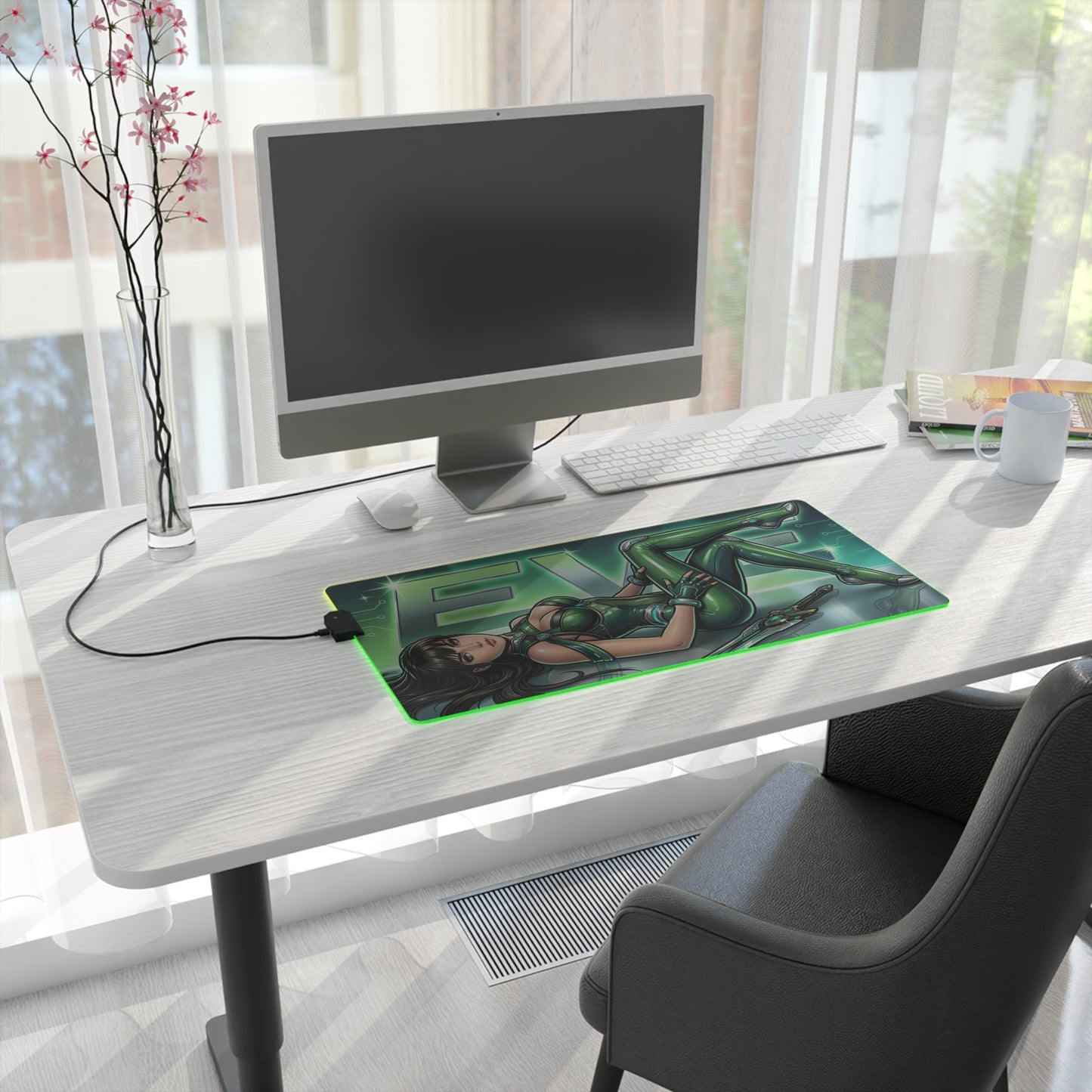 EVE RGB Desk Mat, Stellar Blade Gaming Mouse Pad, LED Desk Mat for Futuristic Setup on modern white desk with sci-fi character artwork and green RGB glow