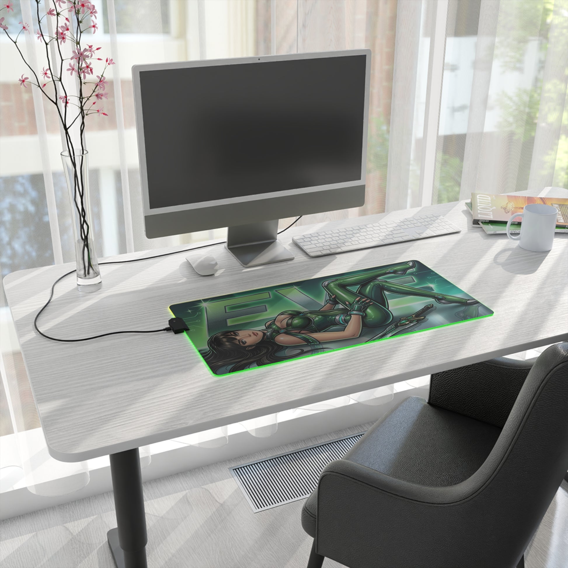 EVE RGB Desk Mat, Stellar Blade Gaming Mouse Pad, LED Desk Mat for Futuristic Setup on modern white desk with sci-fi character artwork and green RGB glow