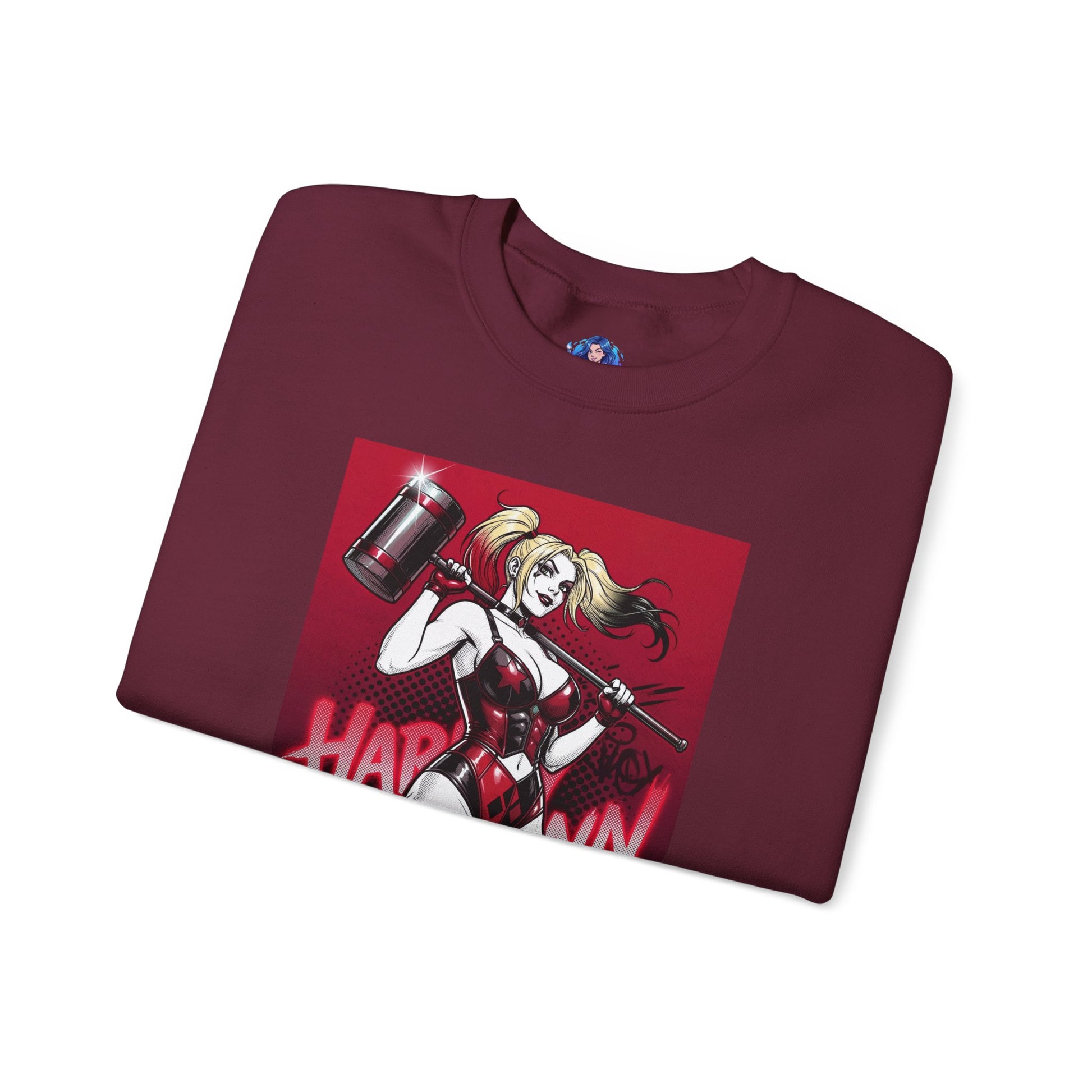 Harley Quinn Sweatshirt, DC Comics Pop Art Style, Premium Fan Apparel — burgundy crewneck with anime-style Harley holding oversized hammer