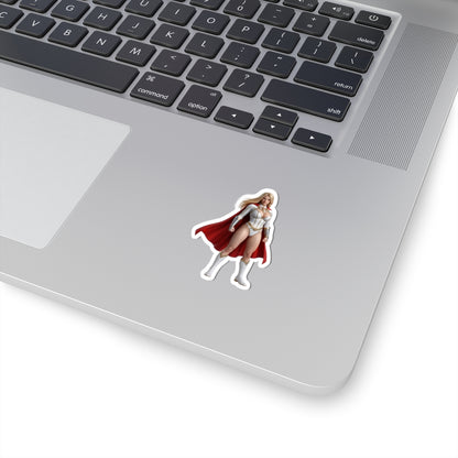 Power Girl Sticker – Comic Heroine Vinyl Sticker for Laptops & Indoor Decor on silver laptop showing glossy, durable vinyl sticker with bold comic-style artwork