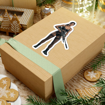 Quiet Metal Gear Sticker – Stealth Game Vinyl Sticker for Laptops & Indoor Decor on brown gift box showing tactical character vinyl sticker