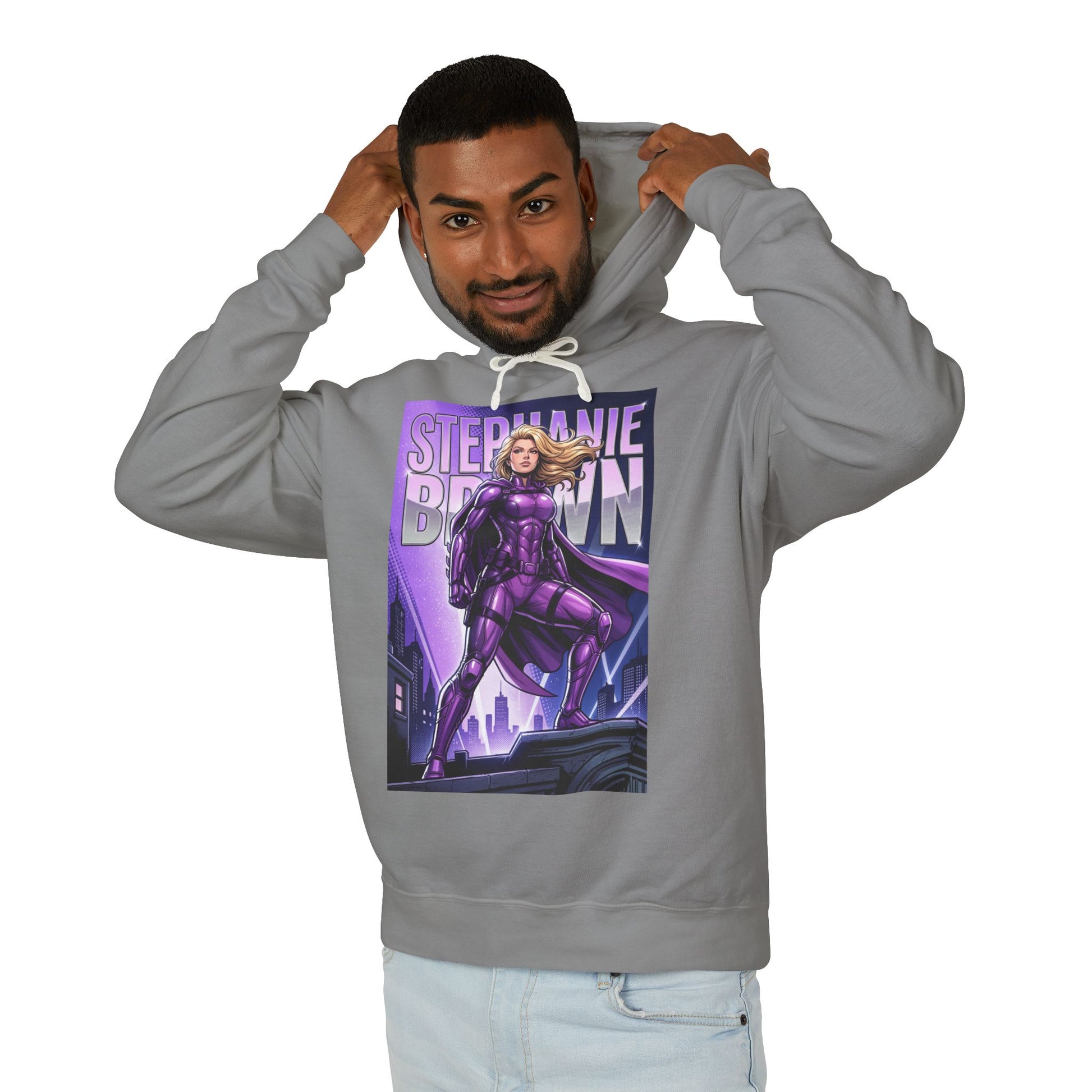 Stephanie Brown Hoodie | DC Superhero Hoodie | Spoiler Legacy Pullover - gray pullover with purple Stephanie Brown graphic on model