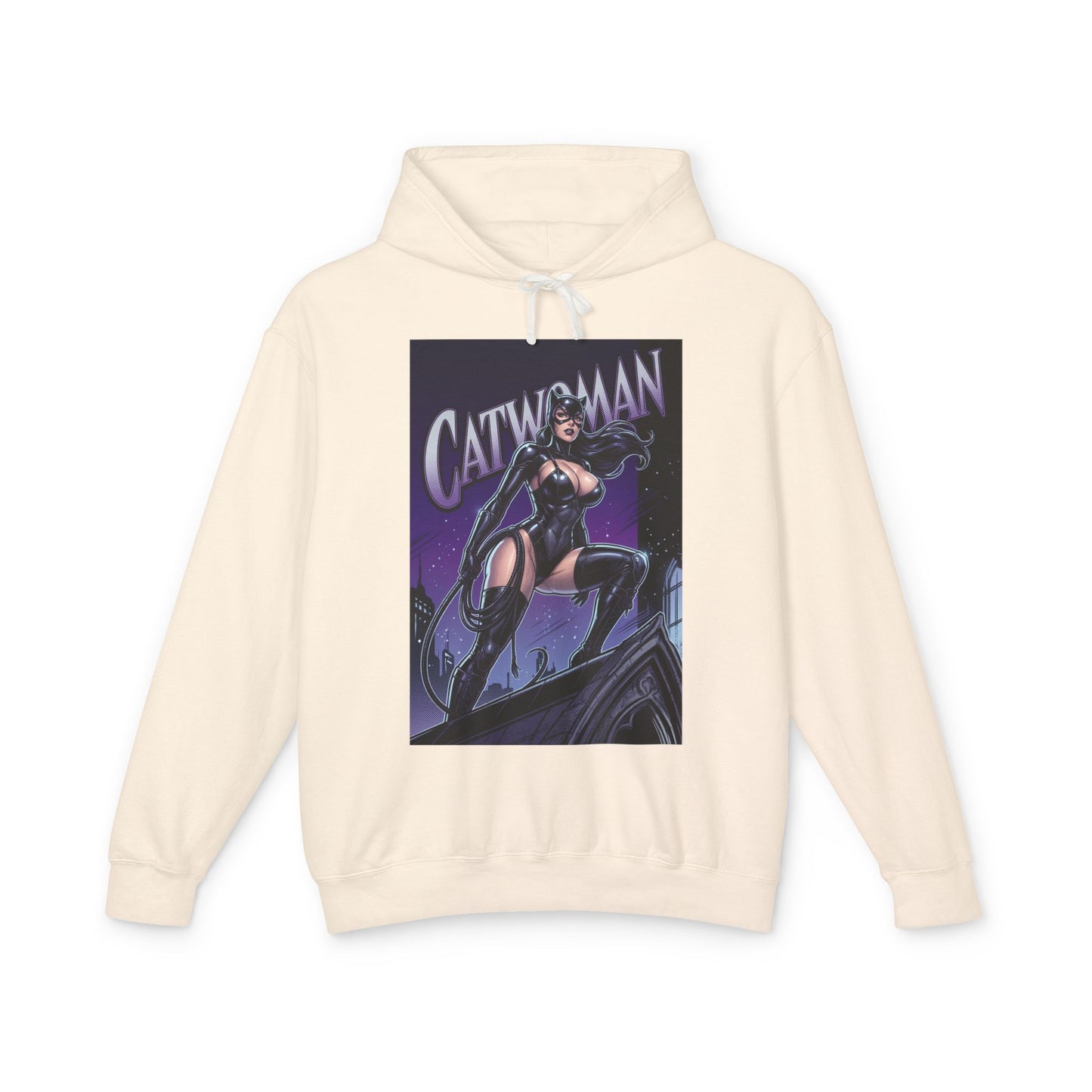 Catwoman Hoodie | DC Anti-Hero Hoodie | Gotham Thief Pullover cream pullover featuring bold Catwoman graphic on rooftop at night