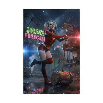 Harley Quinn Poster, DC Art Print – Iconic Comic Anti-Heroine Wall Art showing Harley Quinn in red outfit with mallet at Joker’s Funhouse carnival