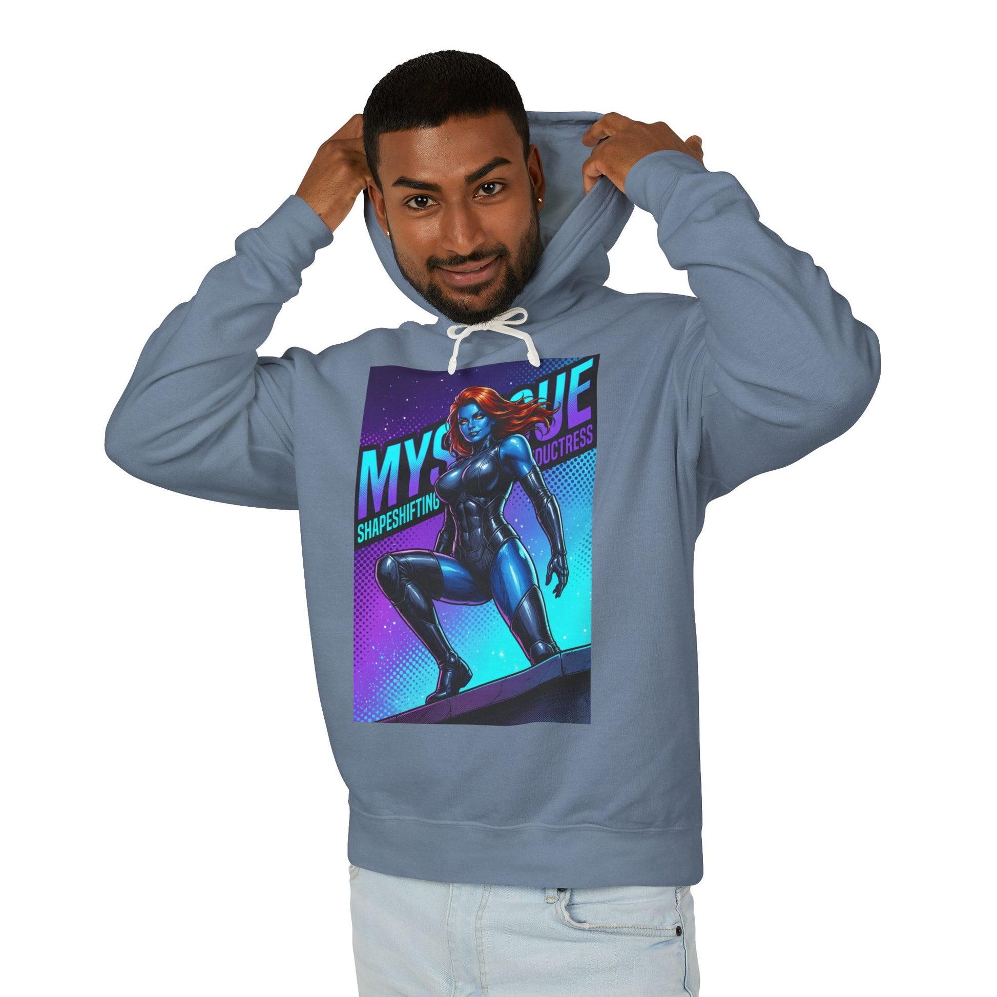 Mystique Hoodie | X-Men Hoodie | Comic Book Villain Pullover - model wearing blue Mystique graphic pullover, soft 100% ring-spun cotton streetwear