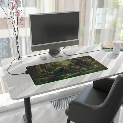 Jade Desk Mat – LED RGB Pad, Waifu Fighter Anime Girl Setup on modern white desk with gaming monitor and green-lit RGB edge
