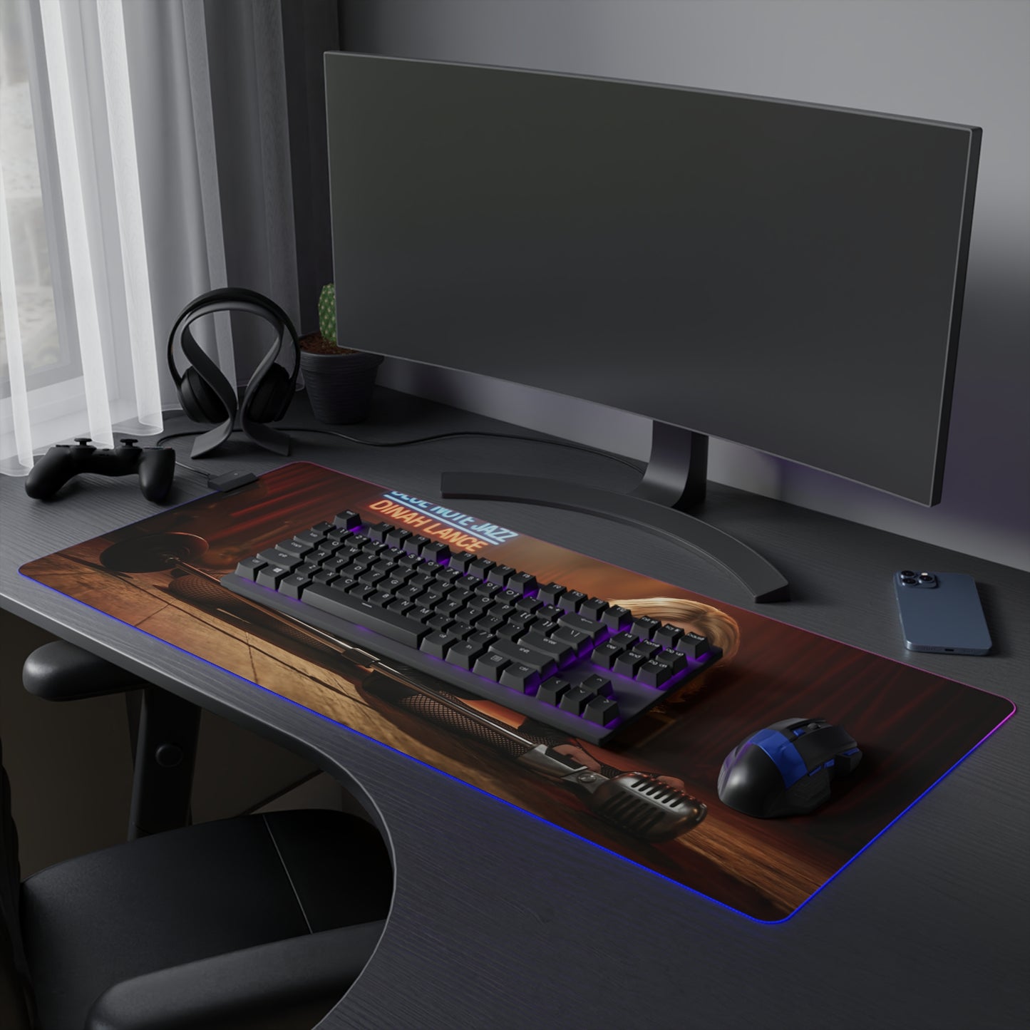 Black Canary Desk Mat – LED RGB Pad, Waifu Hero Anime Girl Setup on a gaming desk with keyboard, mouse and RGB lighting