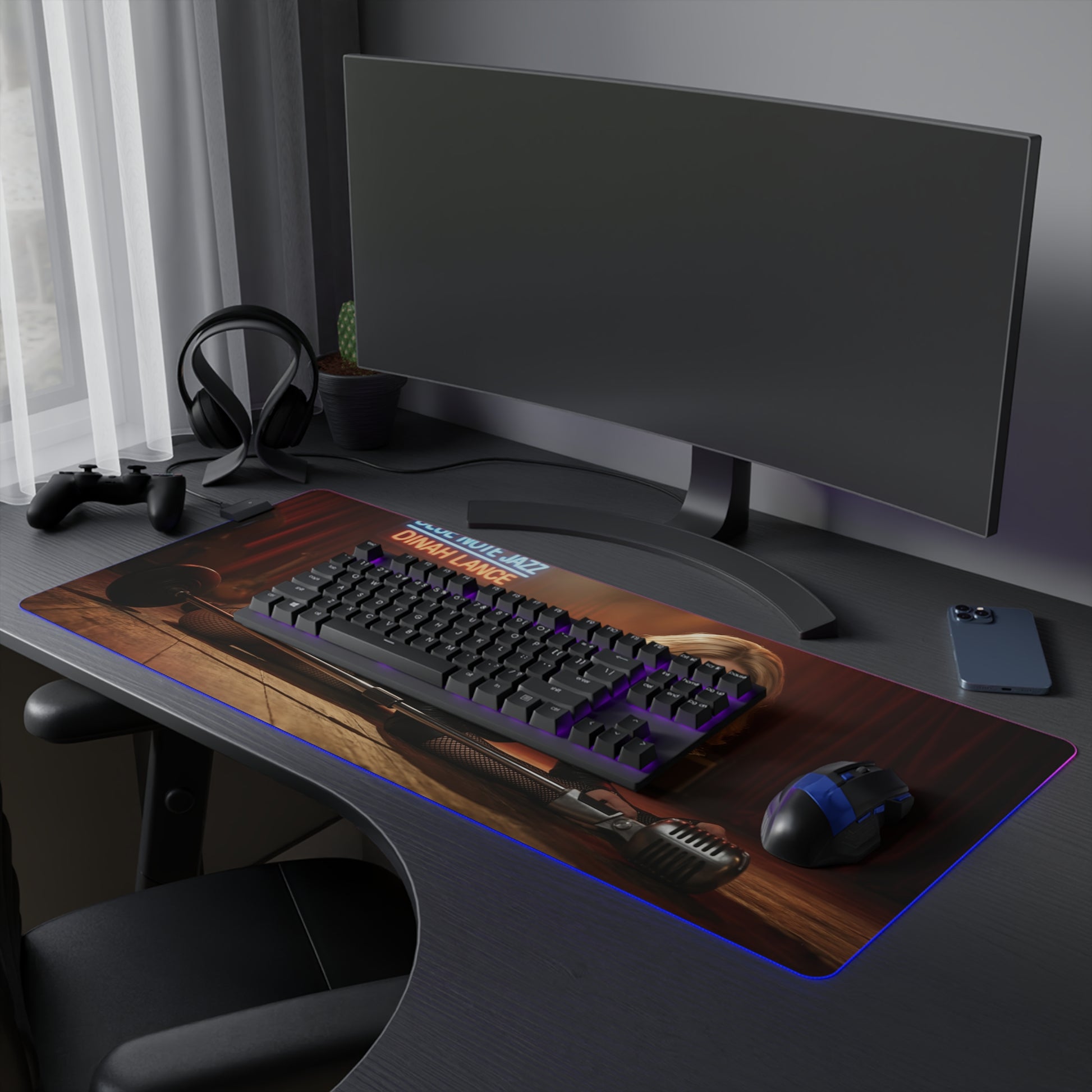 Black Canary Desk Mat – LED RGB Pad, Waifu Hero Anime Girl Setup on a gaming desk with keyboard, mouse and RGB lighting