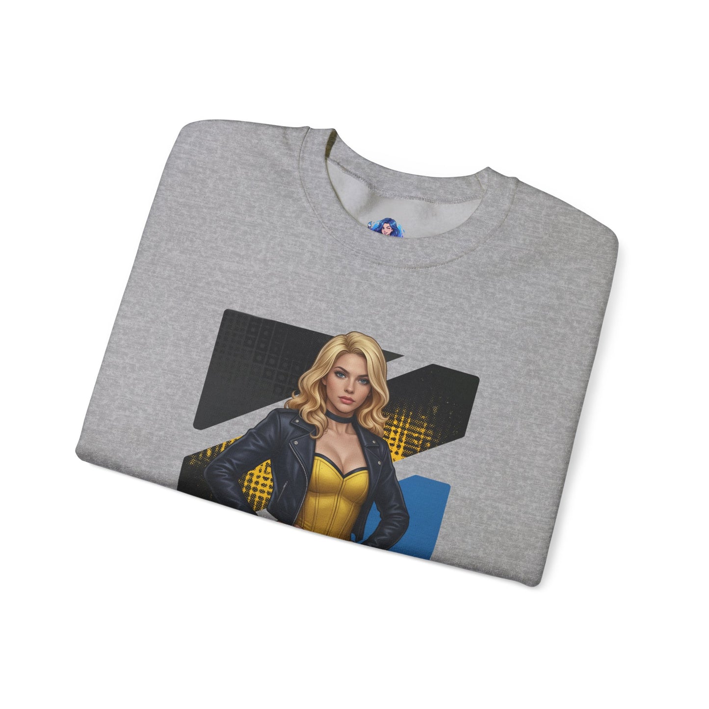Black Canary Sweatshirt, DC Comics Crewneck, Classic Superhero Apparel for Fans — grey folded crewneck with Black Canary artwork