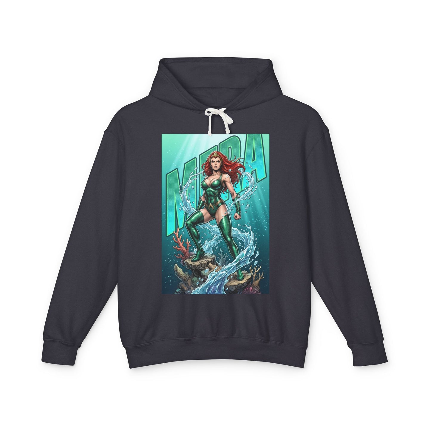 Mera Hoodie | DC Superhero Hoodie | Ocean-Born Warrior Pullover black hoodie with graphic of Mera in green armor standing on coral and water splash