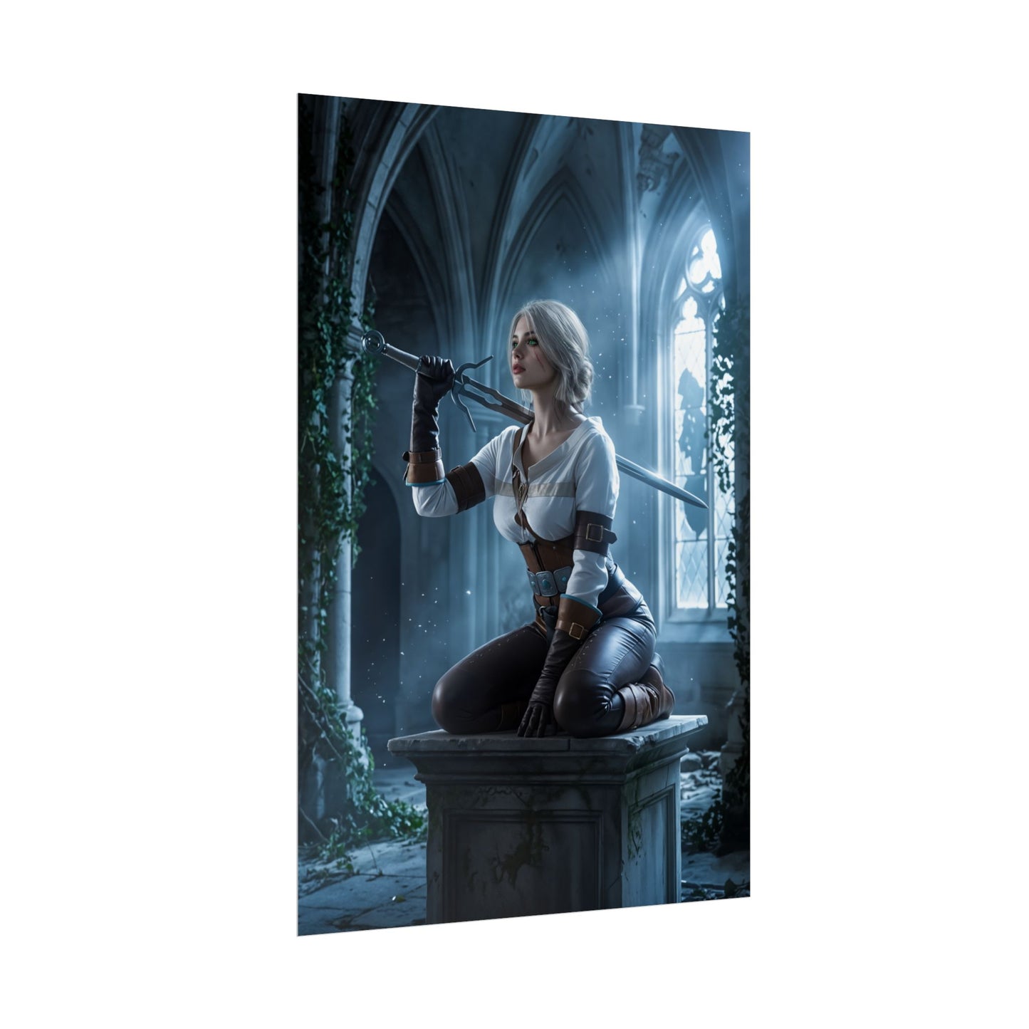 Ciri Poster, Witcher Series Print, Legendary RPG Hero Art Wall Decor - Ciri kneeling with sword in gothic archway, moody fantasy gaming room art