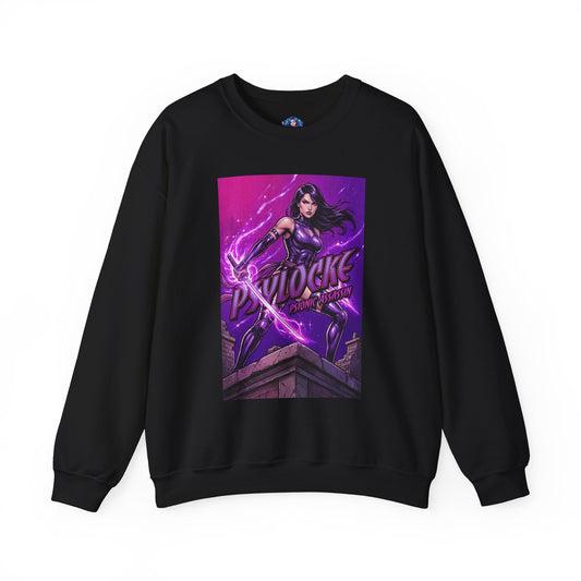 Psylocke Sweatshirt, Marvel Crewneck, Psionic Assassin Fan Apparel featuring purple-armored Psylocke with glowing psychic blade on black crewneck