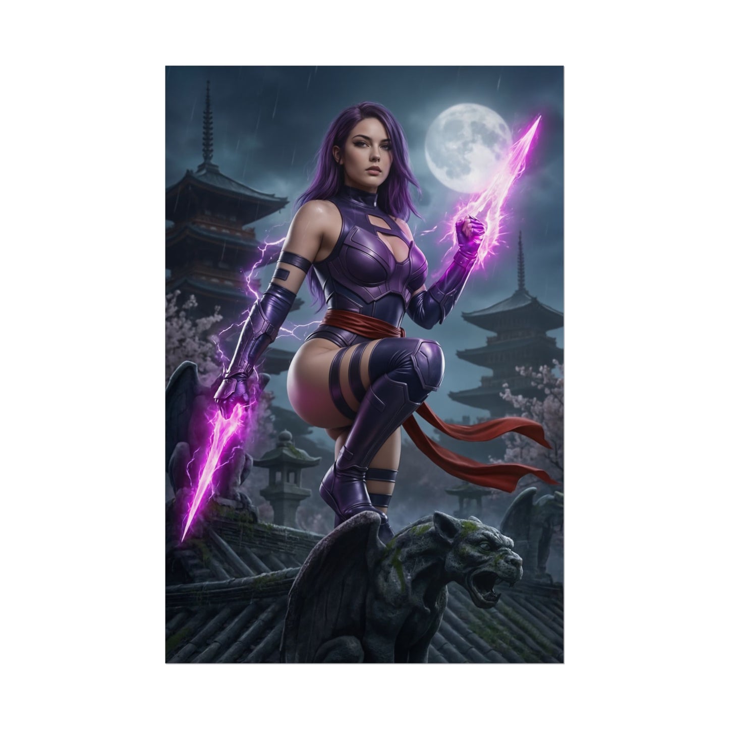 Psylocke Poster, Marvel Art Print – Iconic Mutant Ninja Heroine showing purple-clad Psylocke with glowing psychic blades atop a pagoda rooftop at night