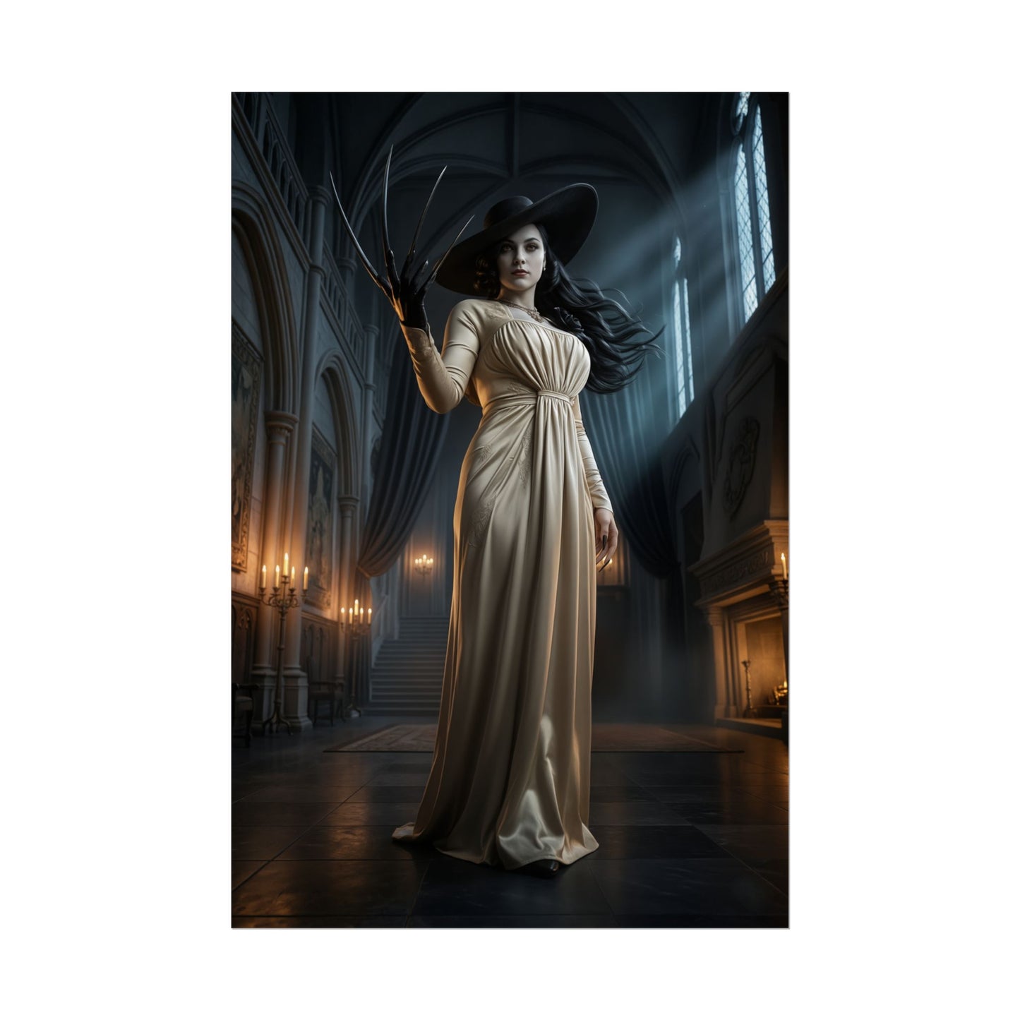 Lady Dimitrescu Poster Resident Evil Wall Art Print Gothic Castle Decor full-body cinematic portrait of towering vampire noblewoman in grand castle hall