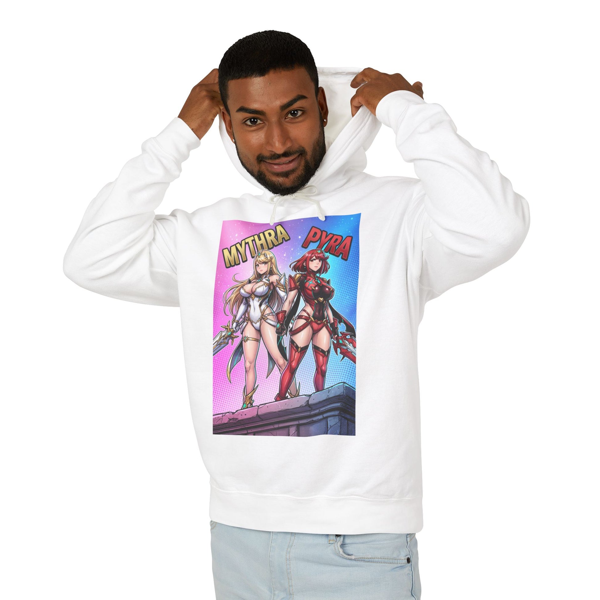 Mythra & Pyra Hoodie | JRPG Fantasy Hoodie | Anime Warrior Pullover model wearing white hoodie with Mythra and Pyra artwork