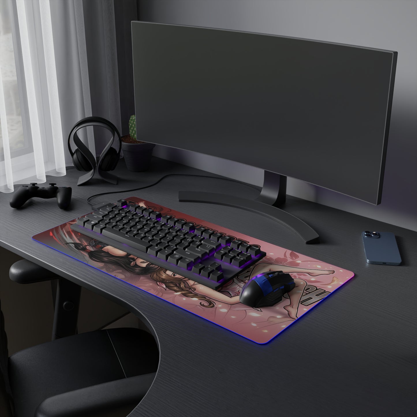 Tifa and Aerith RGB Desk Mat, Final Fantasy Gaming Mouse Pad, LED Desk Mat for Gamer Setup on a sleek gaming desk with RGB lighting