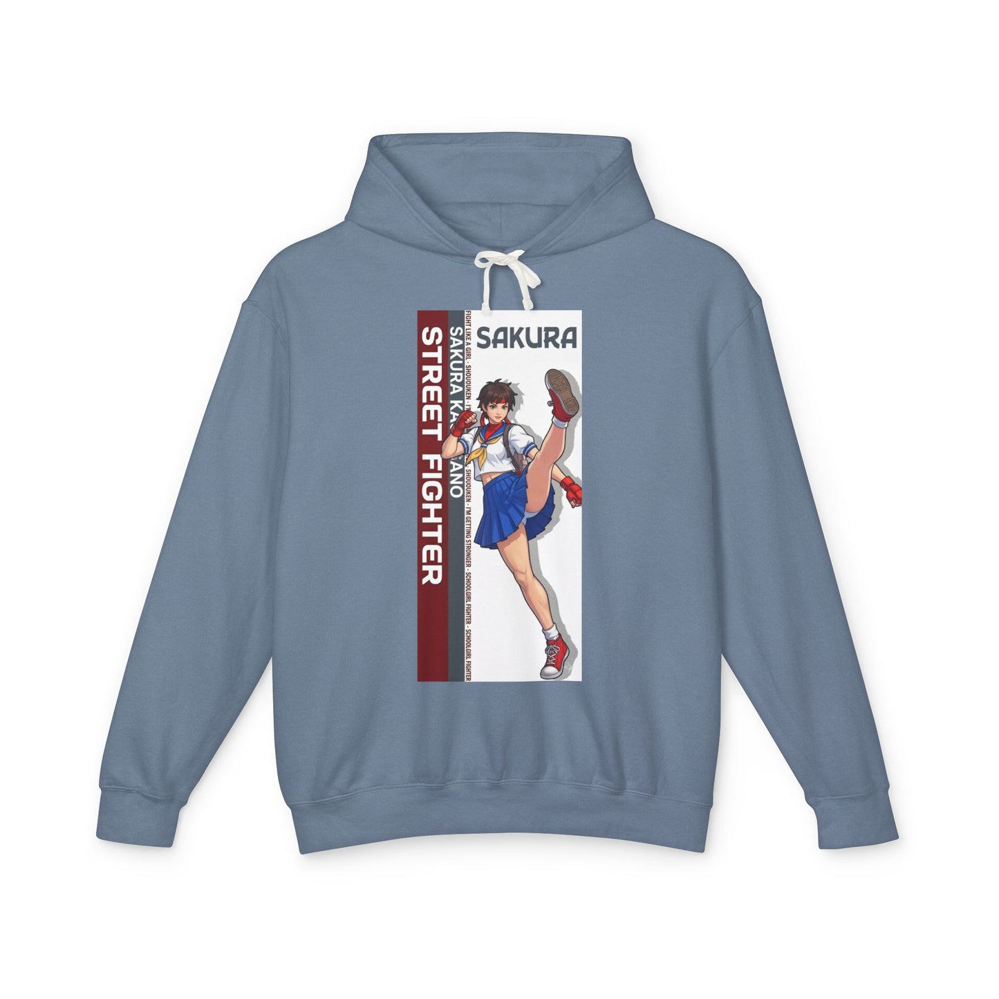 Sakura Hoodie | Street Fighter Hoodie | Anime Martial Artist Pullover featuring energetic Sakura kick graphic on lightweight blue cotton pullover
