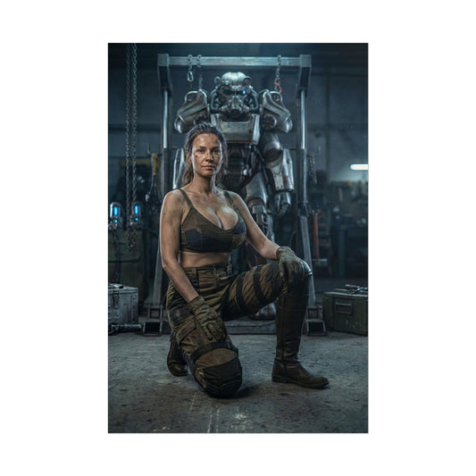 Fallout Survivor Woman Poster / Fallout Survivor Wall Art / Fallout Survivor Art Print / Fallout Poster - realistic hardened wasteland woman kneeling by power armor