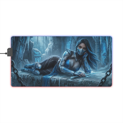 Frost Desk Mat – LED RGB Pad, Waifu Fighter Anime Girl Setup featuring icy armored waifu in cyberpunk frozen cavern with LED border