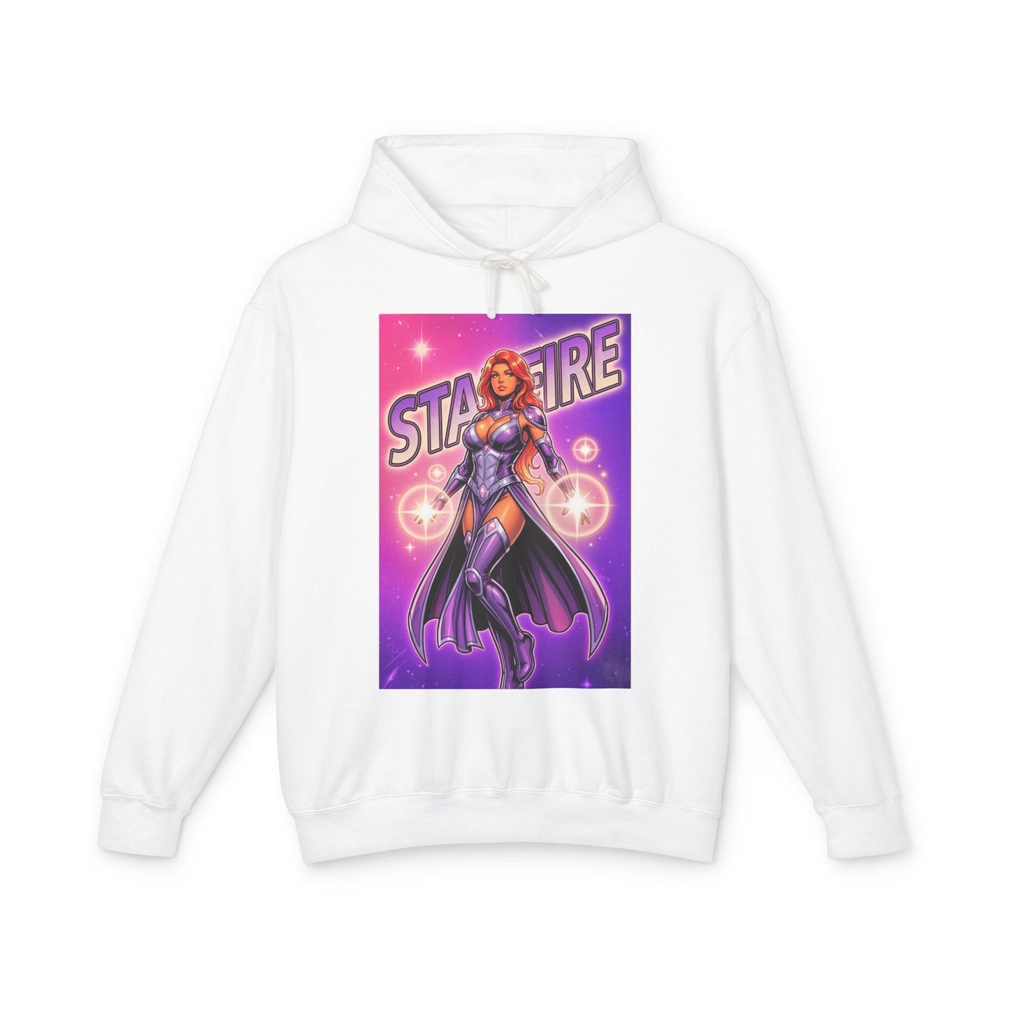 Starfire Hoodie | DC Superhero Hoodie | Cosmic Princess Pullover white hoodie with vibrant Starfire graphic, lightweight 100% ring-spun cotton