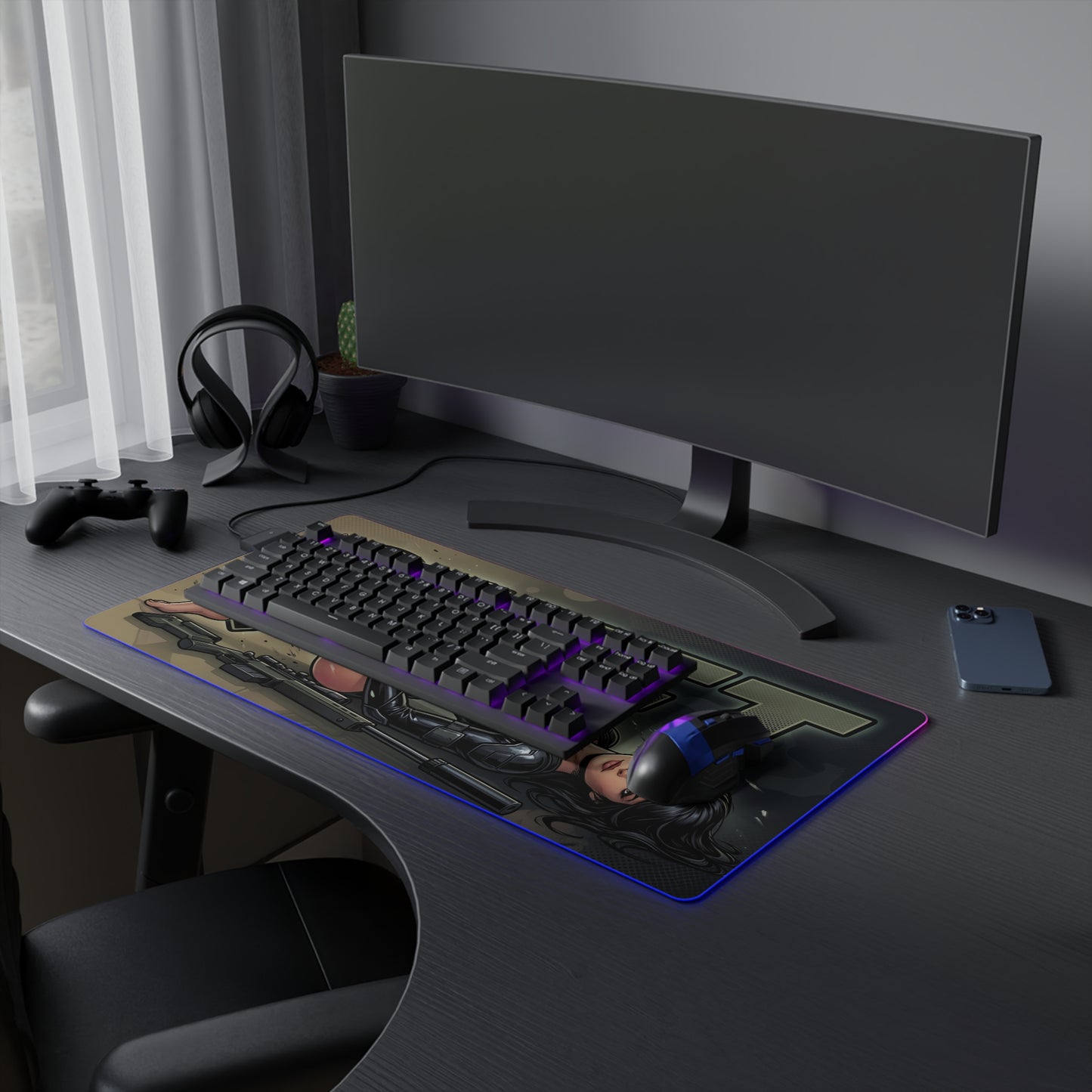 Quiet RGB Desk Mat, Metal Gear Solid V Gaming Mouse Pad, LED Desk Mat featuring tactical sniper artwork on a dark RGB gaming desk mat
