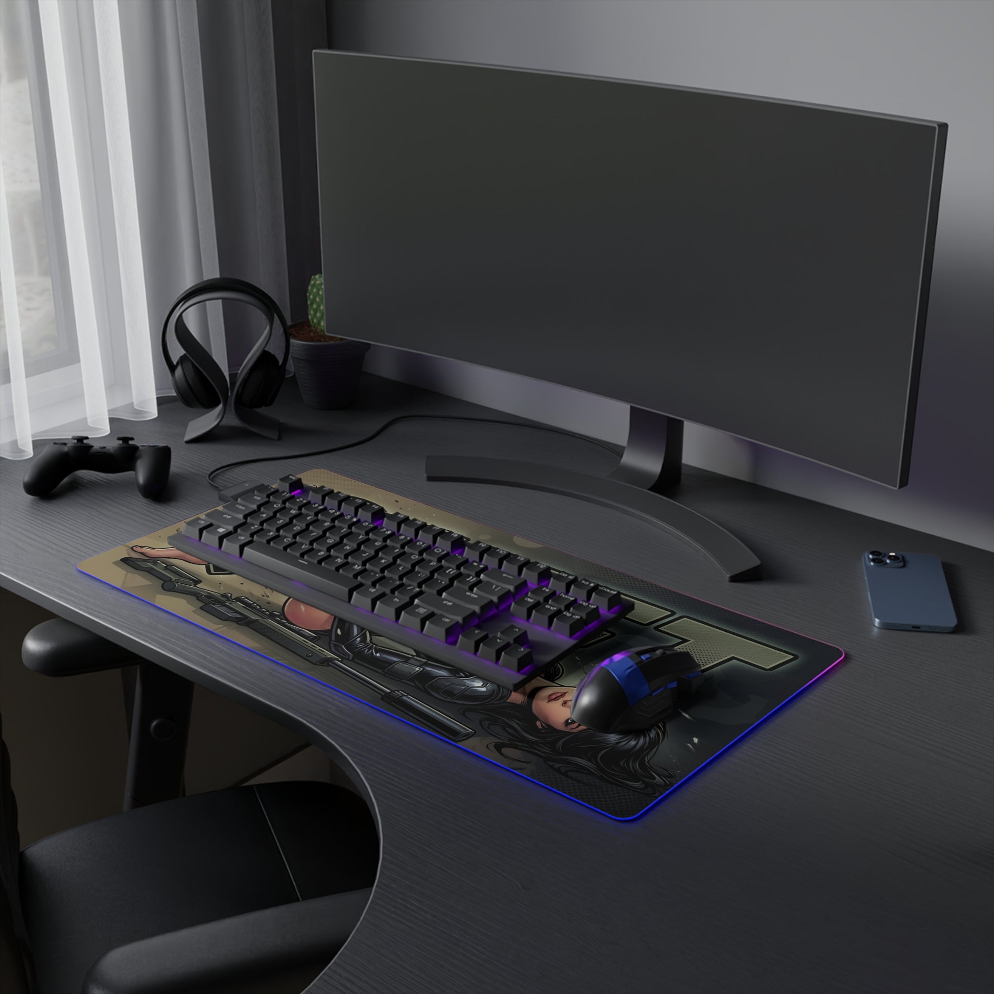 Quiet RGB Desk Mat, Metal Gear Solid V Gaming Mouse Pad, LED Desk Mat featuring tactical sniper artwork on a dark RGB gaming desk mat