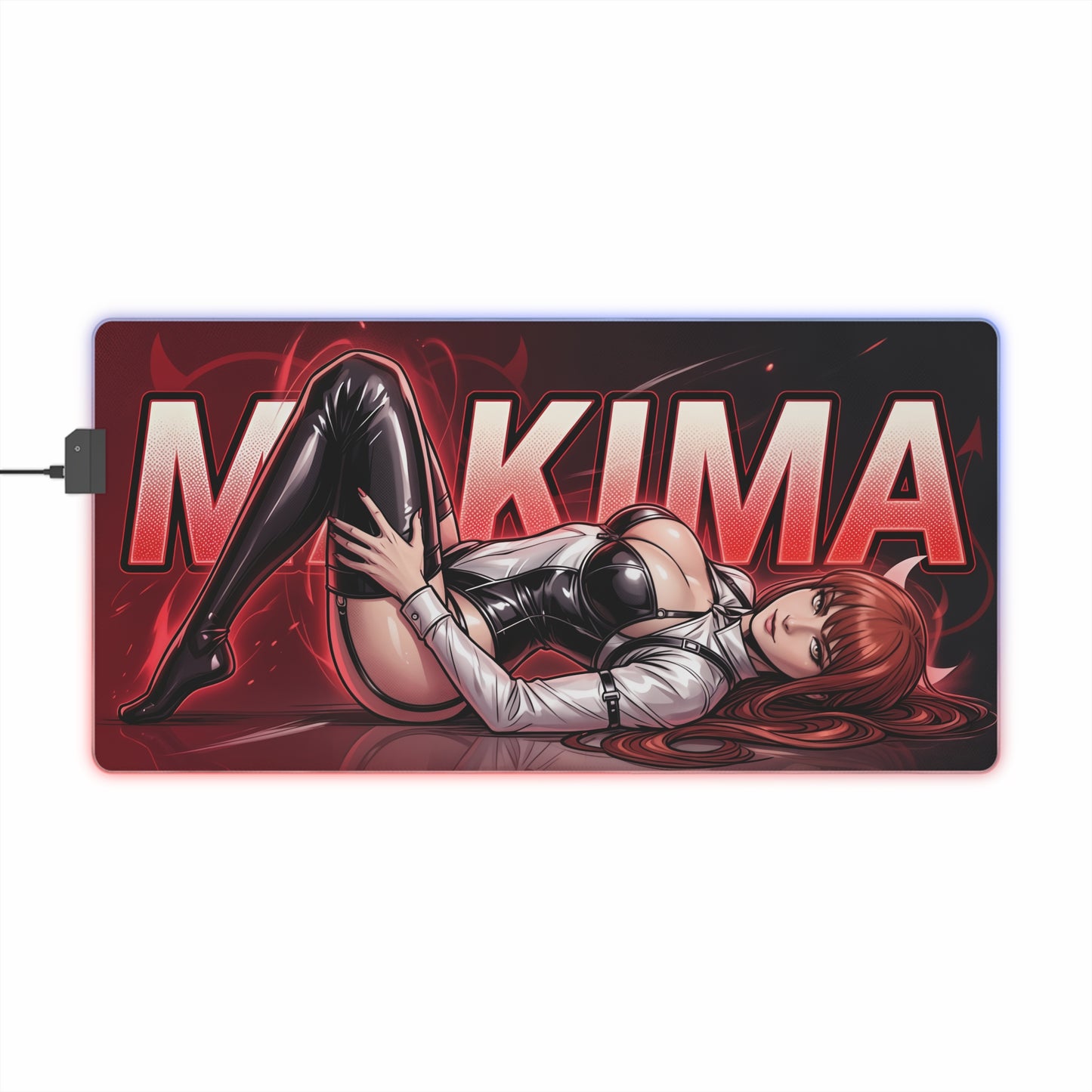 Makima RGB Desk Mat, Chainsaw Man Gaming Mouse Pad, LED Desk Mat for Anime Setup featuring reclining Makima artwork with red LED border