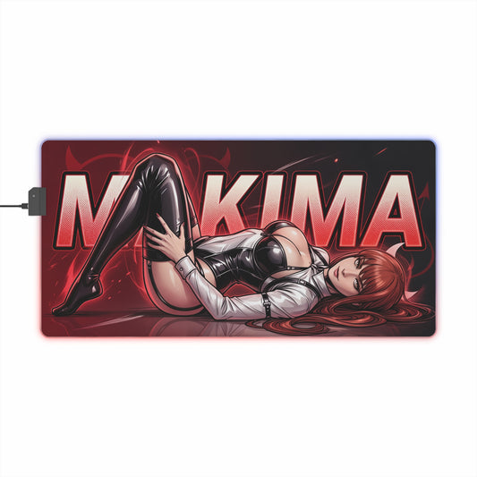 Makima RGB Desk Mat, Chainsaw Man Gaming Mouse Pad, LED Desk Mat for Anime Setup featuring reclining Makima artwork with red LED border