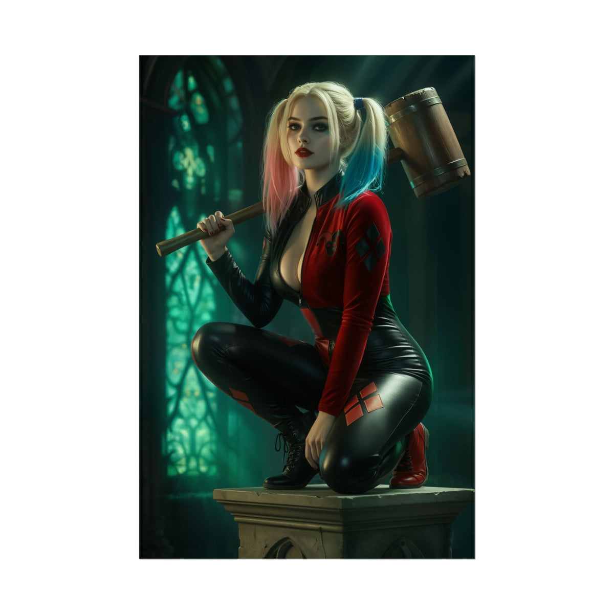 Harley Quinn Poster  Iconic Comic Heroine Wall Art for Gamer Decor featuring bold comic-style Harley Quinn with mallet in gamer room-ready high-res print