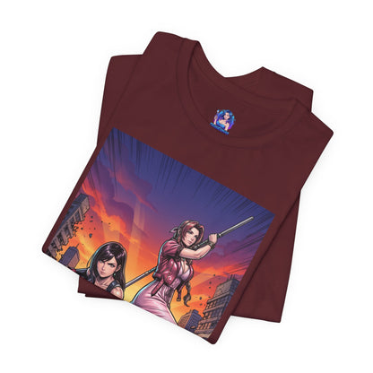Tifa Lockhart and Aerith Gainsborough T-Shirt | Final Fantasy Duo Anime Tee featuring dynamic anime illustration of Tifa and Aerith in urban battle on burgundy Bella Canvas tee