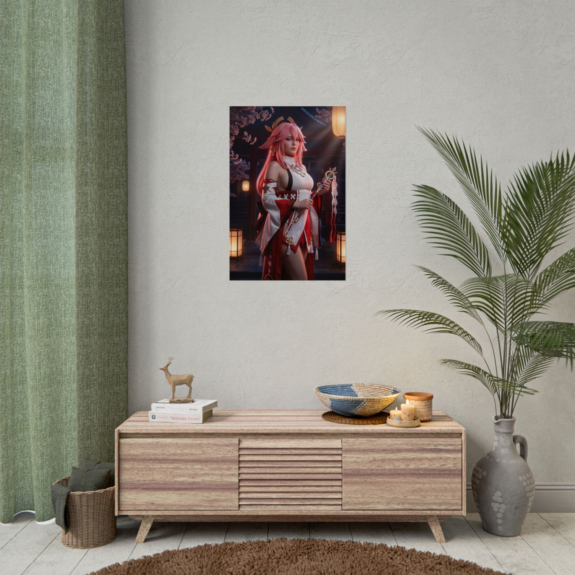 Yae Miko Poster, Genshin Impact Art Print – Iconic Electro Shrine Maiden on minimalist living room wall