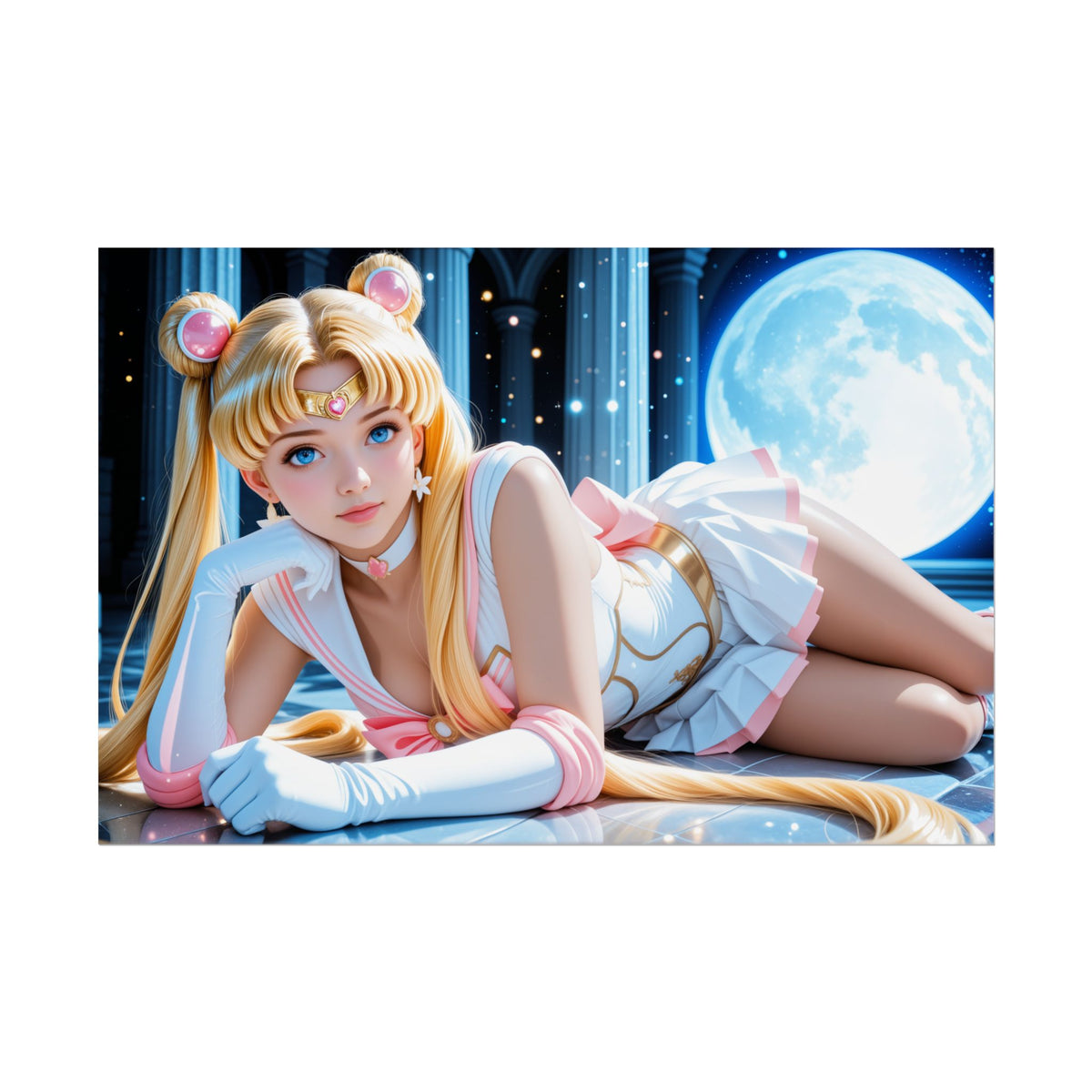 Waifu Wall Art Poster | Sailor Moon Anime Print for Magical Girl Room - radiant Sailor Moon lying with moon backdrop, high-res magical girl print