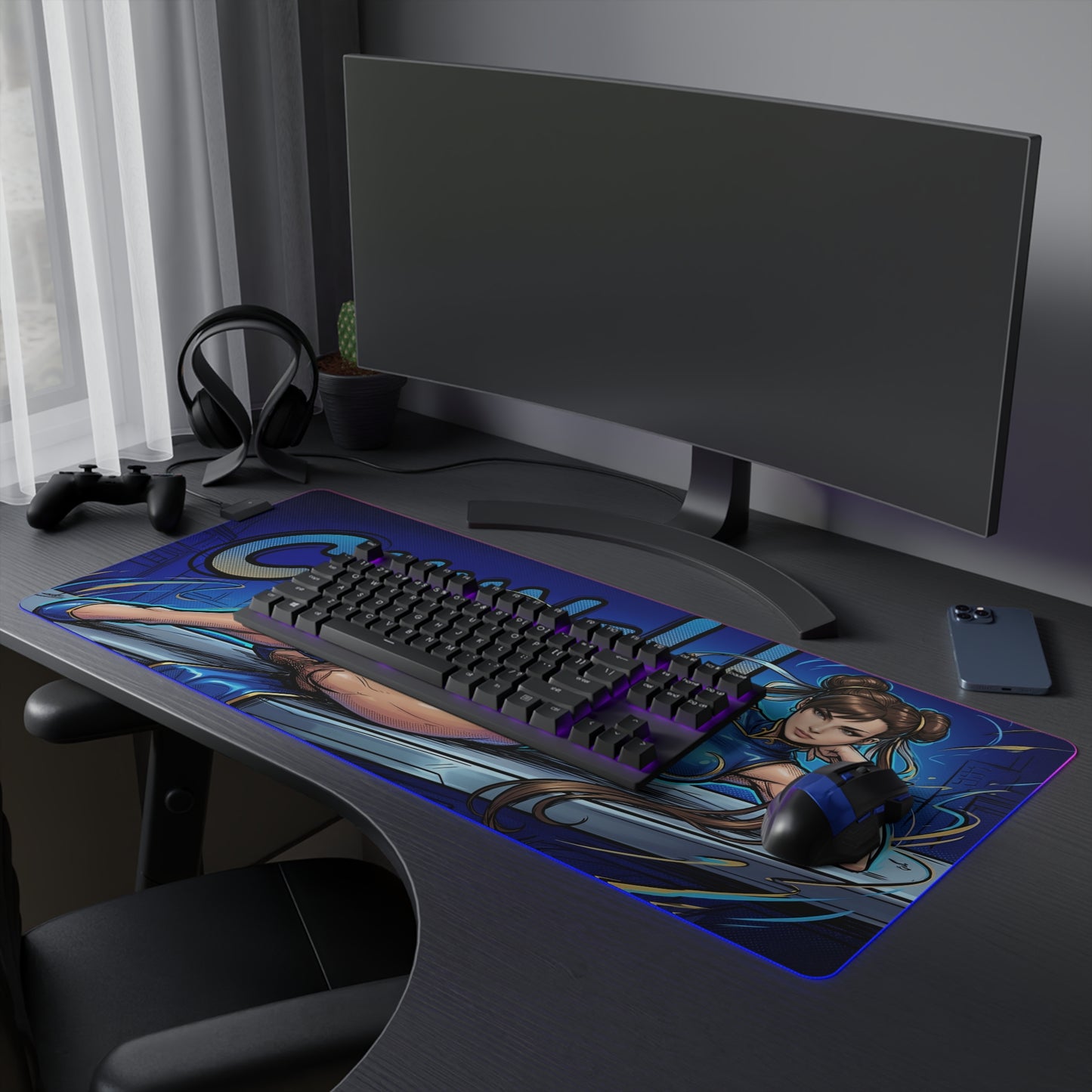 Chun-Li RGB Desk Mat, Fighting Game Gaming Mouse Pad, LED Desk Mat for Gamer Setup — vibrant blue artwork, precision cloth surface with RGB lighting