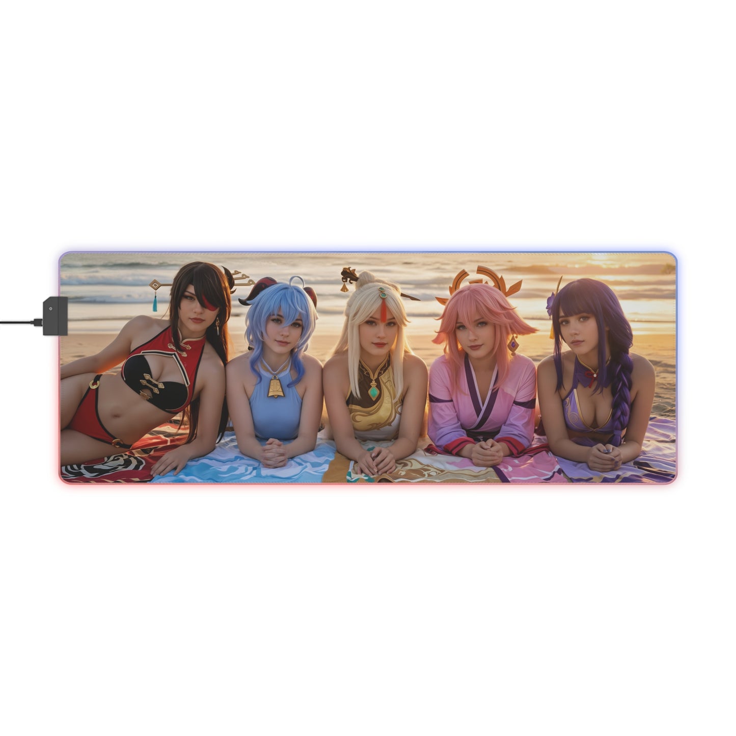 Genshin Impact Girls Desk Mat – LED RGB Pad, Waifu Anime Girl Setup showing five female characters on a beach scene with RGB lighting