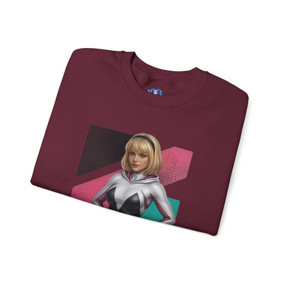 Spider Gwen Sweatshirt, Spider-Verse Crewneck, Stylish Superhero Apparel for Fans folded burgundy crewneck featuring Spider Gwen artwork and white-pink design