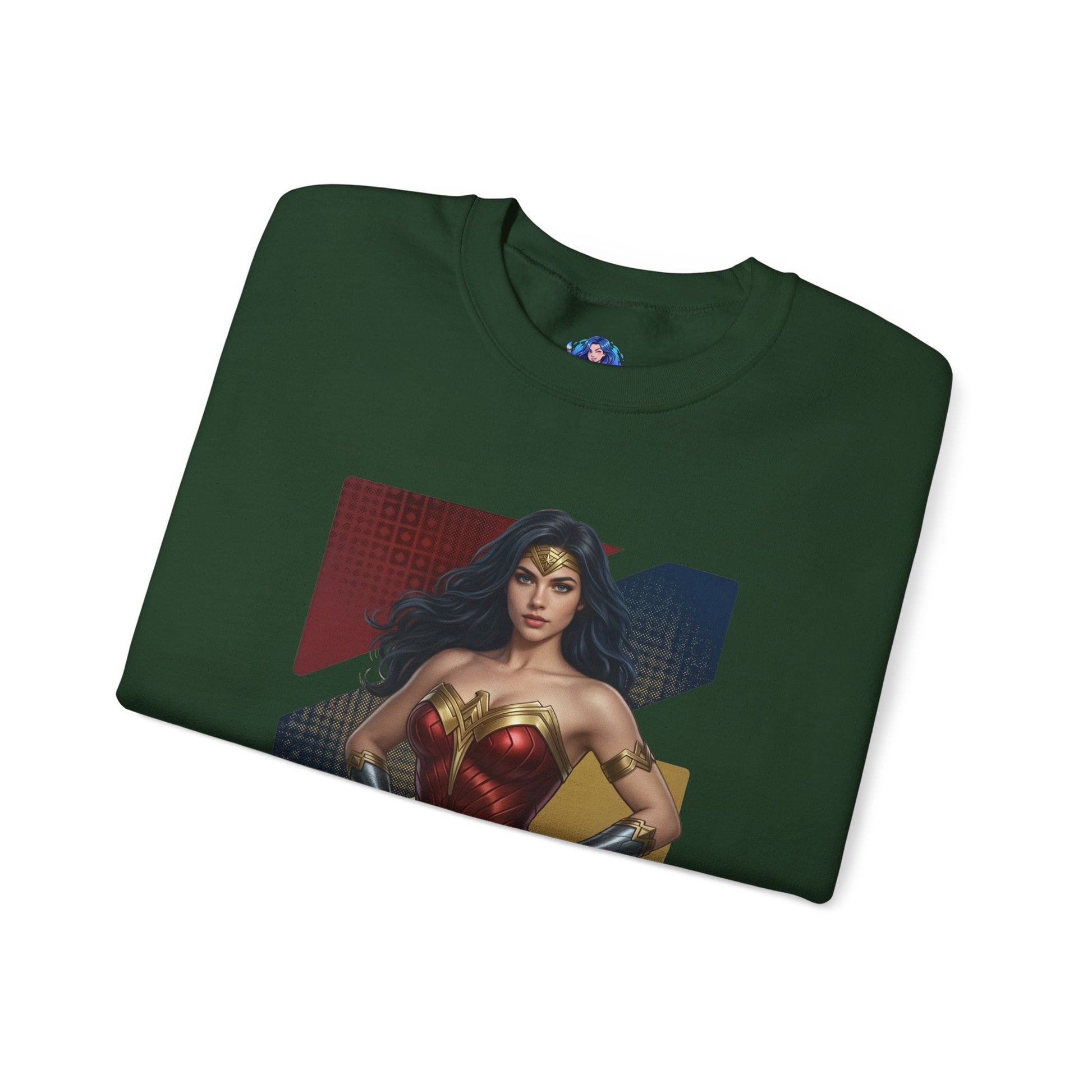 Wonder Woman Sweatshirt, DC Comics Crewneck, Legendary Superhero Apparel for Fans — green crewneck with iconic armor artwork