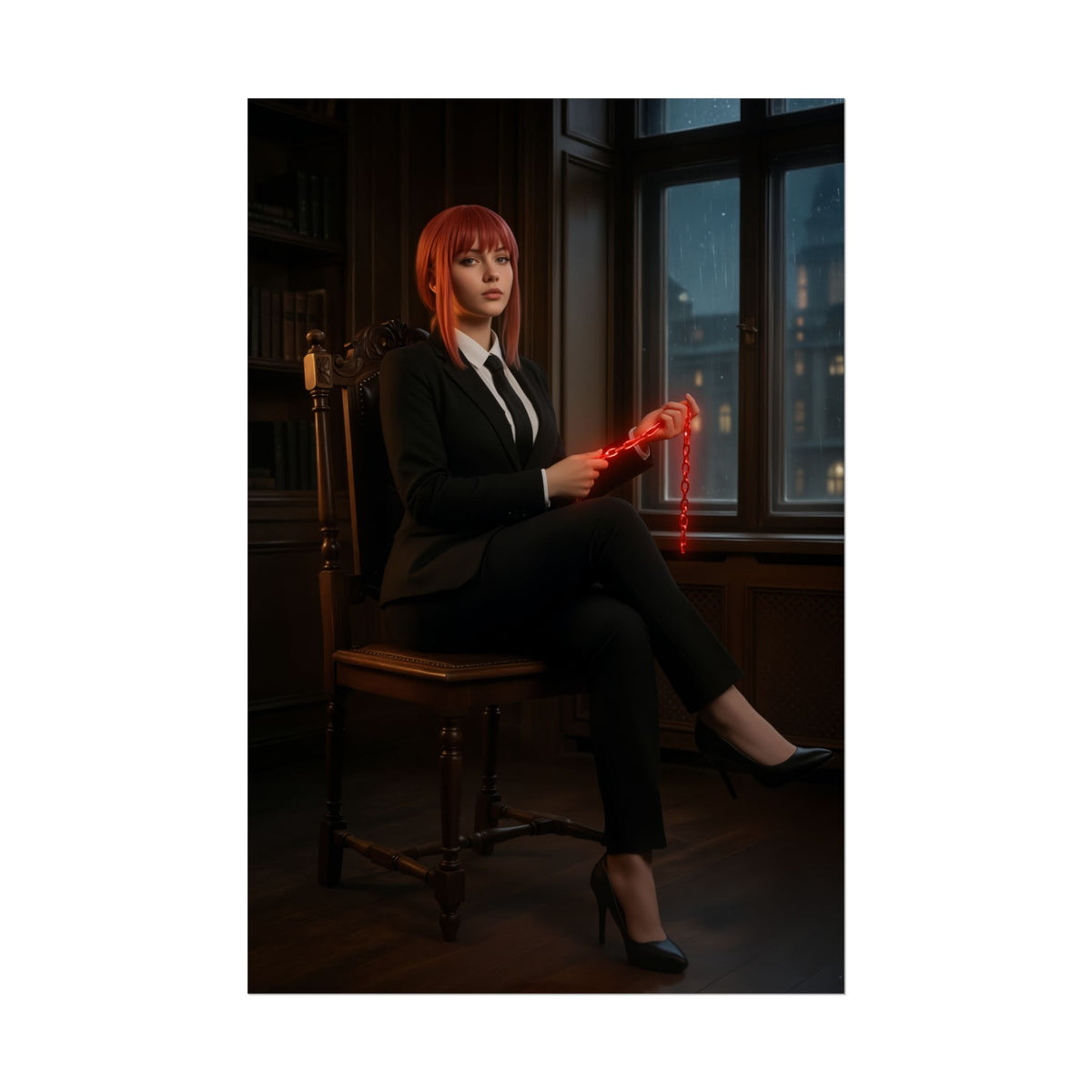 Makima Poster, Chainsaw Man Print, Iconic Anime Character Art  Makima in suit holding red chains, moody room dcor