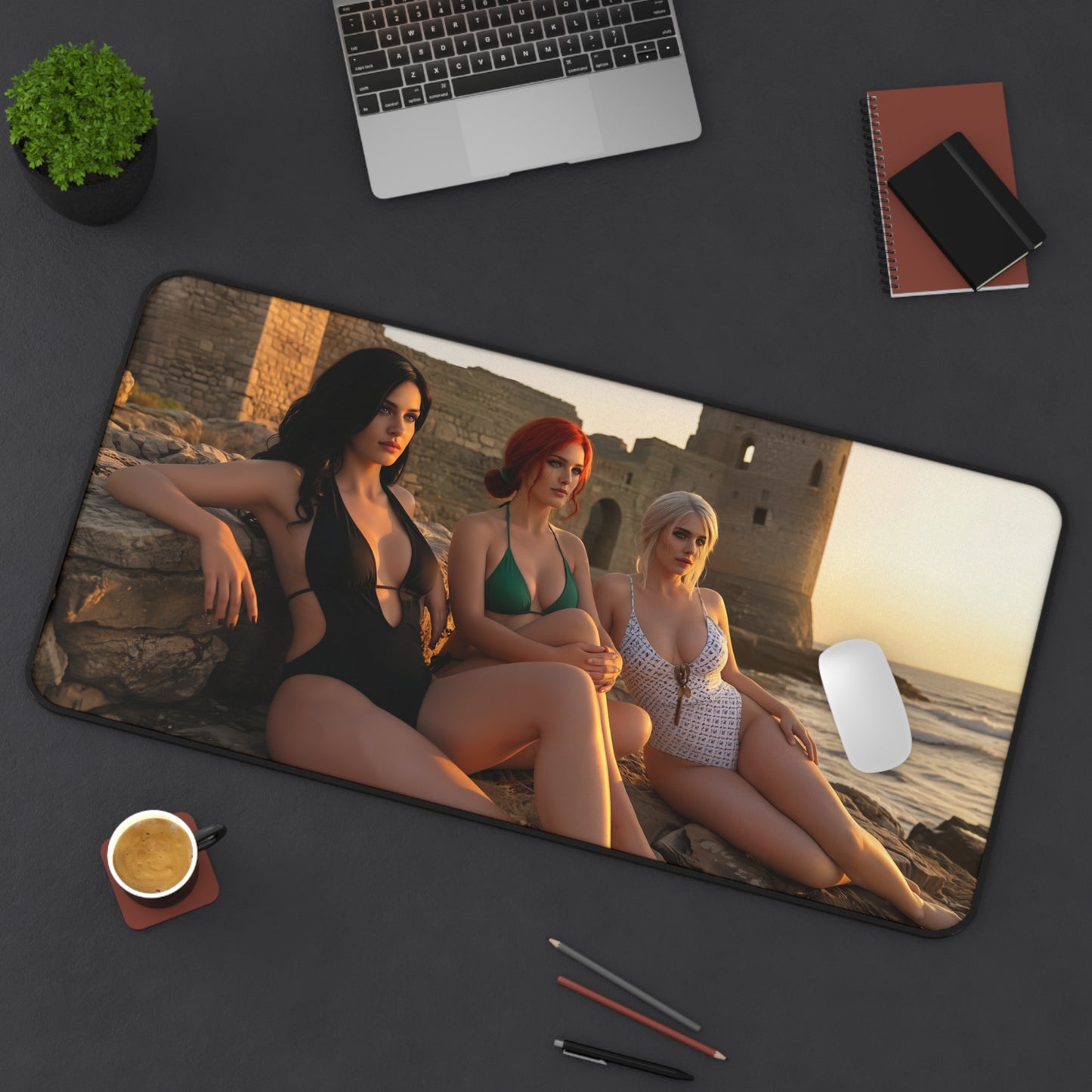 Ciri Triss Yennefer Desk Mat, Fantasy Gaming Mouse Pad, Witcher World Setup - HD trio desk mat featuring Ciri, Triss and Yennefer by the seaside
