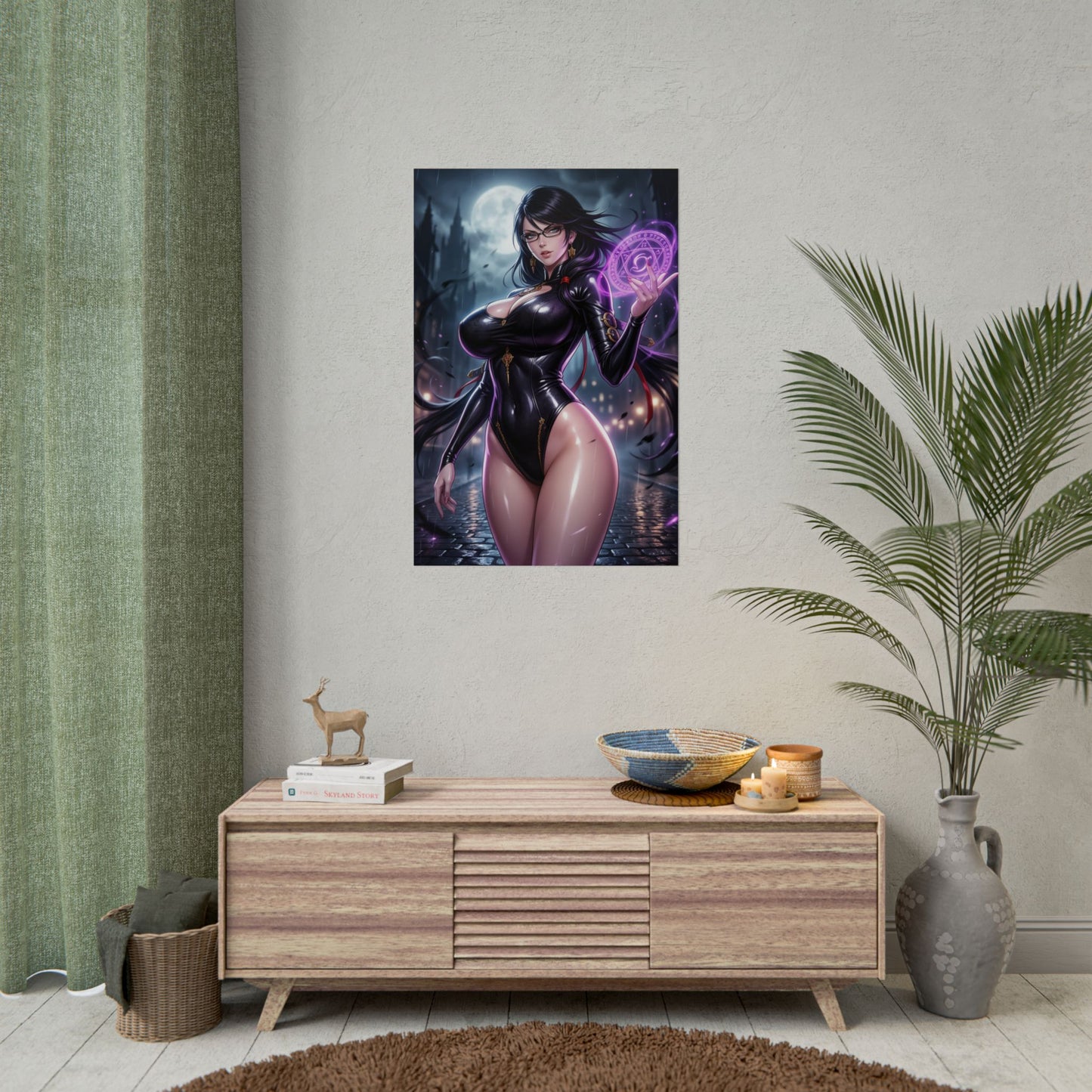 Bayonetta Poster Hexe Actionspiel Wandkunst Schwarzhaarige Frau Druck Gewehr Absätze Charakter Gaming Zimmer Deko Geschenk