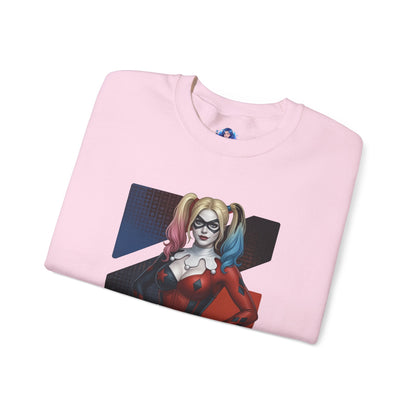 Harley Quinn Sweatshirt, DC Comics Crewneck, Iconic Comic Apparel for Fans – pink crewneck with Harley Quinn red-and-black artwork