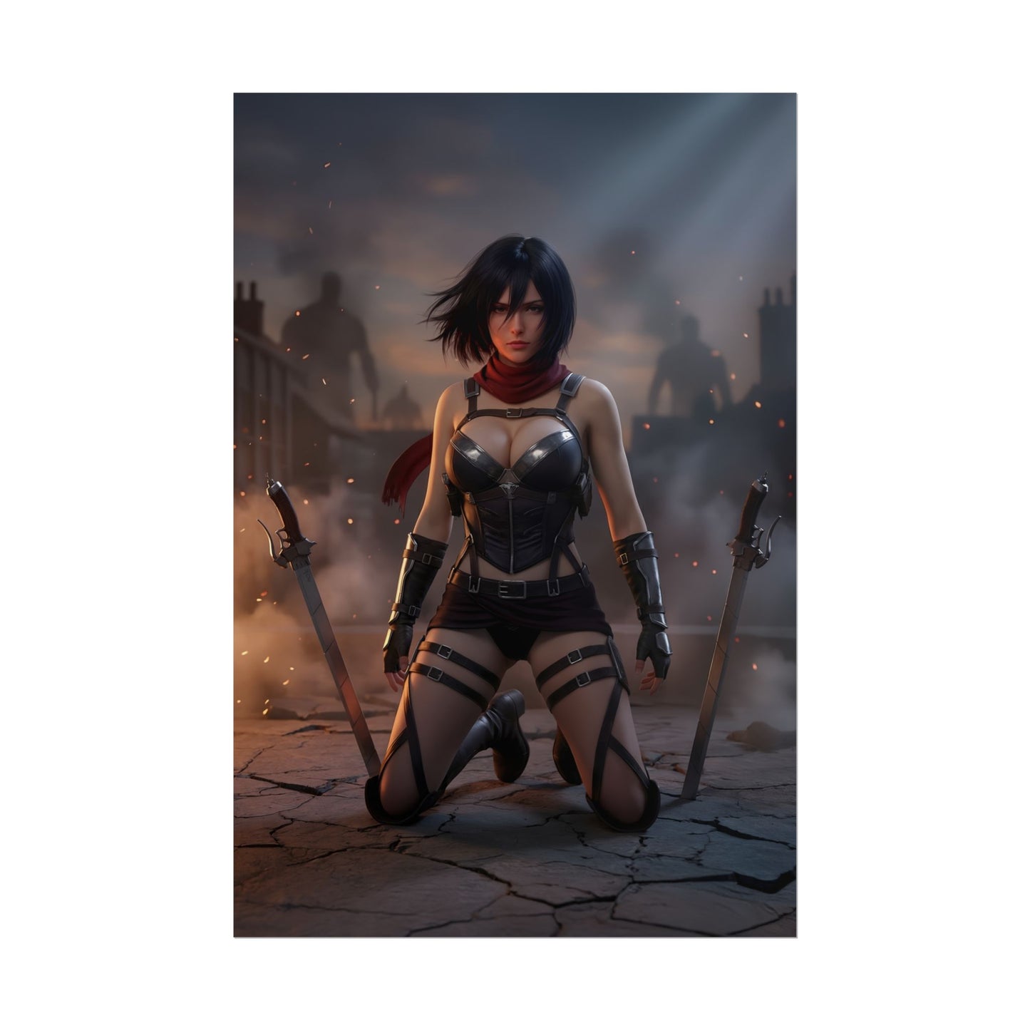 Mikasa Poster / Mikasa Wall Art / Mikasa Art Print / Attack on Titan Poster - Mikasa kneeling on battlefield with swords, smoke and determined expression