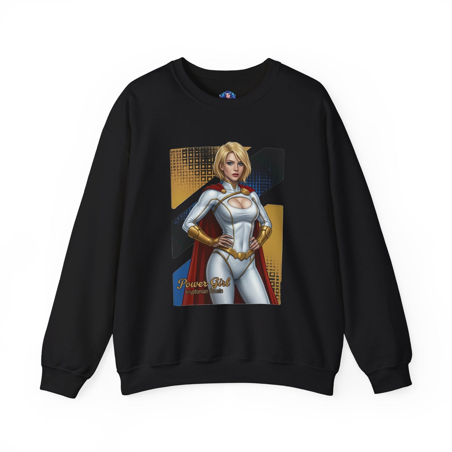 Power Girl Sweatshirt, DC Comics Crewneck, Bold Superhero Apparel for Fans — black crewneck featuring Power Girl art, cozy cotton blend