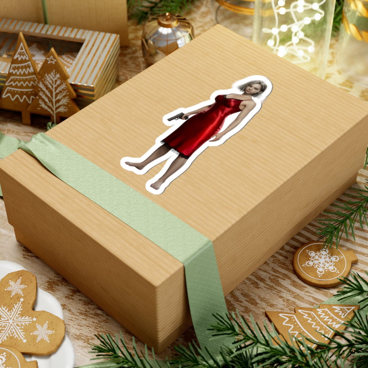 Grace Ashcroft Sticker, Resident Evil Sticker, Laptop Sticker, Gaming Fan Gift - vinyl sticker of Grace in red dress on gift box