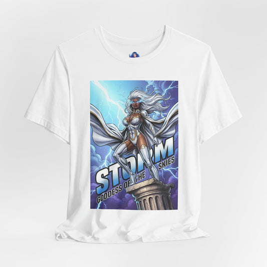 Storm T-Shirt | Marvel X-Men Anime Tee for Gamers & Fans - cinematic Storm illustration with lightning, white costume on Bella Canvas 3001 tee