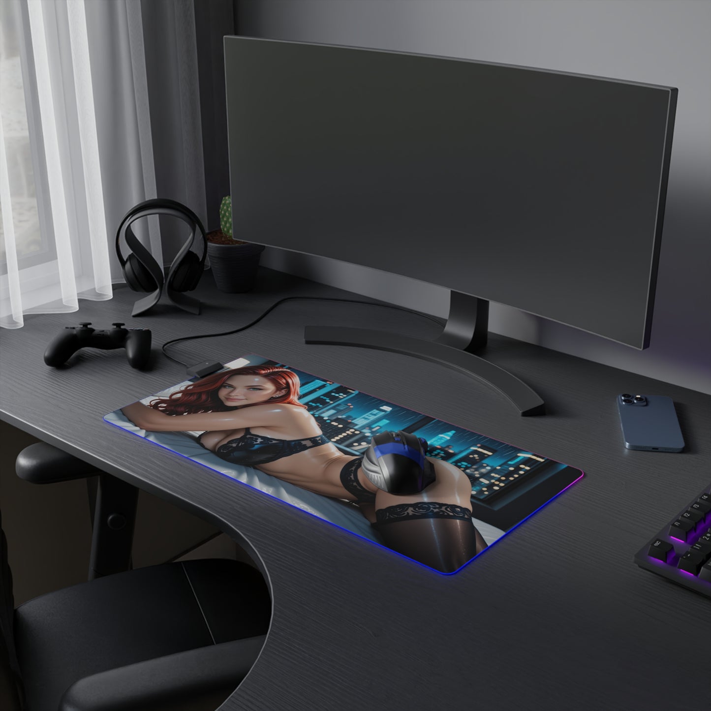 Black Widow Desk Mat – LED RGB Pad, Waifu Hero Anime Girl Gaming Setup