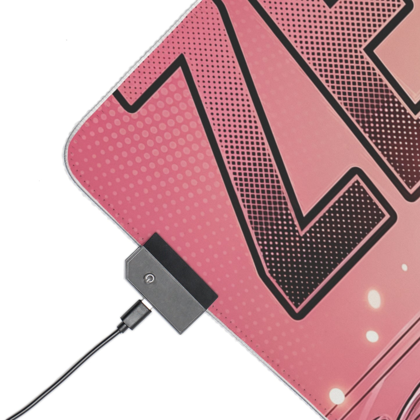 Zero Two RGB Desk Mat, Anime Gaming Mouse Pad, LED Desk Mat for Gamer Setup showing pink corner, stitched edge and USB RGB controller