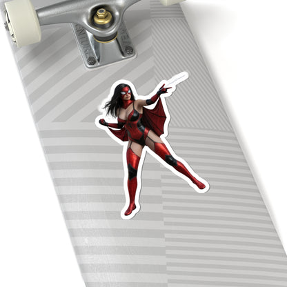 Spider Woman Sticker – Comic Heroine Vinyl Sticker for Laptops & Indoor Decor on skateboard deck, glossy vibrant comic-style heroine vinyl sticker